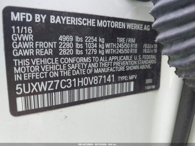 Aukcja sprzedaży 2017 Bmw X3 Sdrive28i, vin: 5UXWZ7C31H0V87141, numer aukcji: 45120684