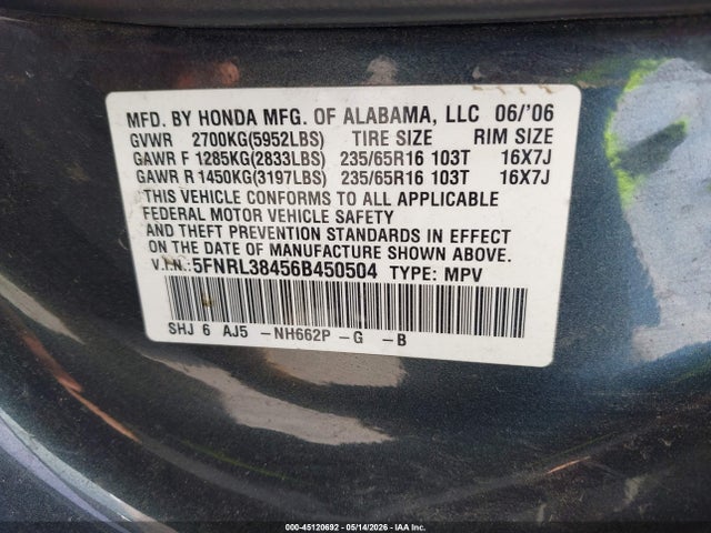 Продаж на аукціоні авто 2006 Honda Odyssey Ex, vin: 5FNRL38456B450504, номер лоту: 45120692
