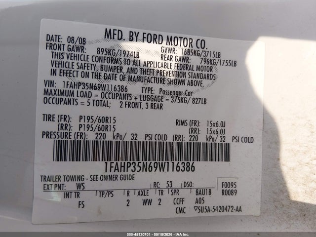 2009 Ford Focus Se მანქანა იყიდება აუქციონზე, vin: 1FAHP35N69W116386, აუქციონის ნომერი: 45120701