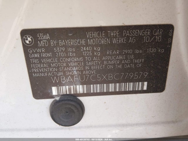 Продажа на аукционе авто 2011 Bmw 535i Xdrive, vin: WBAFU7C5XBC779579, номер лота: 45120702