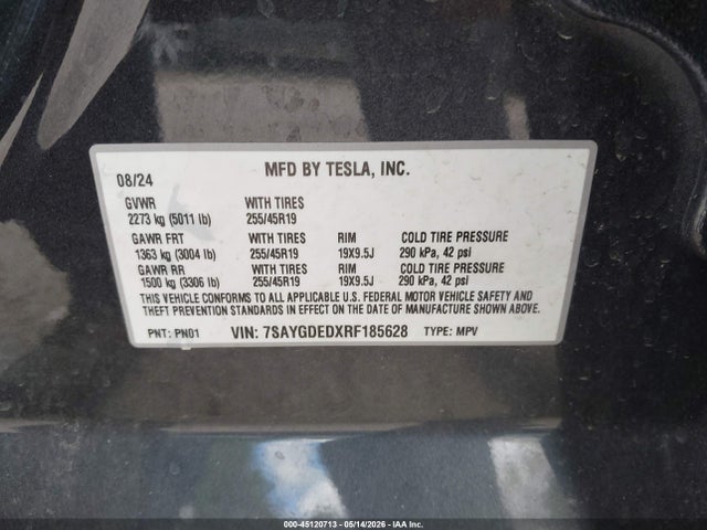 45120713 :رقم المزاد ، 7SAYGDEDXRF185628 vin ، 2024 Tesla Model Y Long Range Single Motor Rear-wheel Drive/rwd مزاد بيع