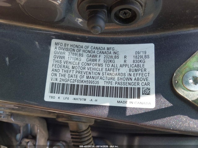 Продаж на аукціоні авто 2019 Honda Civic Lx, vin: 2HGFC2F65KH599535, номер лоту: 45120715