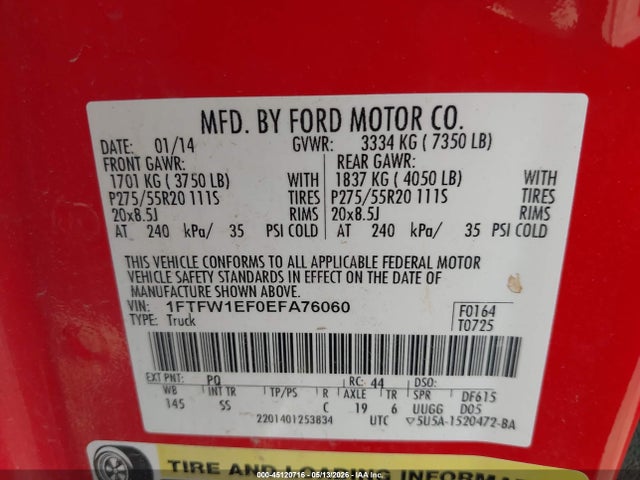 Продажа на аукционе авто 2014 Ford F-150 Stx, vin: 1FTFW1EF0EFA76060, номер лота: 45120716