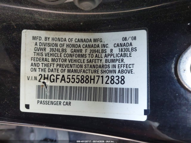 Aukcja sprzedaży 2008 Honda Civic Si/si Mugen, vin: 2HGFA55588H712838, numer aukcji: 45120717