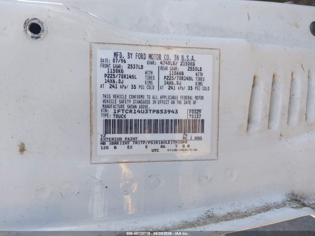 45120719 :رقم المزاد ، 1FTCR14U3TPB53943 vin ، 1996 Ford Ranger Super Cab مزاد بيع