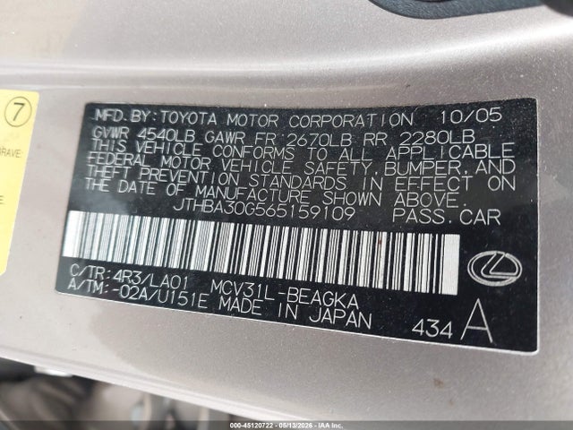 Продаж на аукціоні авто 2006 Lexus Es 330, vin: JTHBA30G565159109, номер лоту: 45120722
