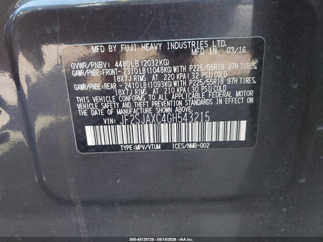 45120728 :رقم المزاد ، JF2SJAXC4GH543215 vin ، 2016 Subaru Forester 2.5i Touring مزاد بيع