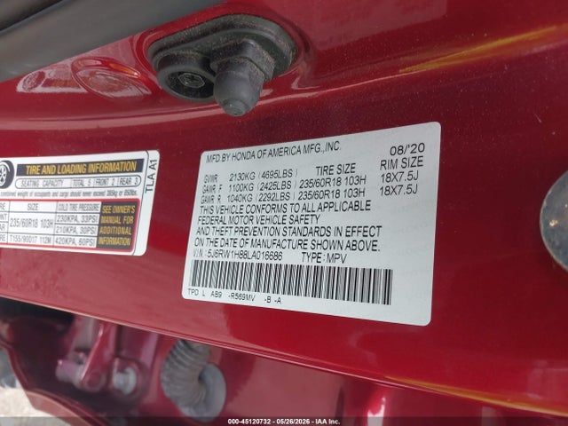 5J6RW1H88LA016686 Honda Cr-v 2wd Ex-l