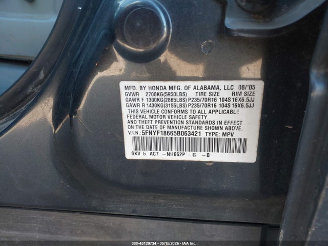 45120734 :رقم المزاد ، 5FNYF18665B063421 vin ، 2005 Honda Pilot Ex-l مزاد بيع