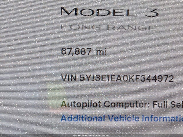 45120737 :رقم المزاد ، 5YJ3E1EA0KF344972 vin ، 2019 Tesla Model 3 Long Range/mid Range/standard Range/standard Range Plus مزاد بيع