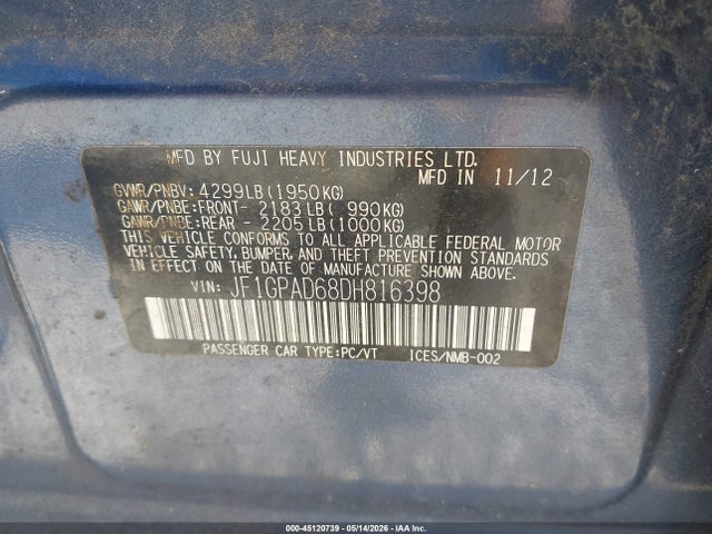 Продаж на аукціоні авто 2013 Subaru Impreza 2.0i Premium, vin: JF1GPAD68DH816398, номер лоту: 45120739