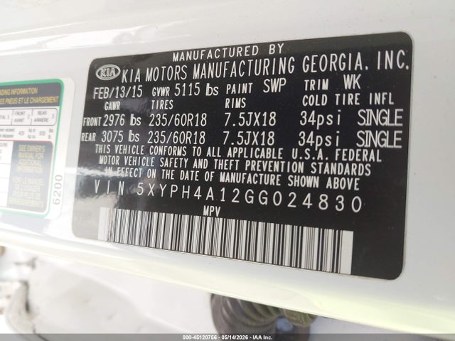 Продаж на аукціоні авто 2016 Kia Sorento 2.0t Ex, vin: 5XYPH4A12GG024830, номер лоту: 45120756
