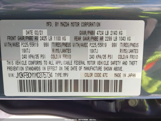 2021 Mazda Cx-5 Carbon Edition მანქანა იყიდება აუქციონზე, vin: JM3KFBCM1M0375734, აუქციონის ნომერი: 45120772