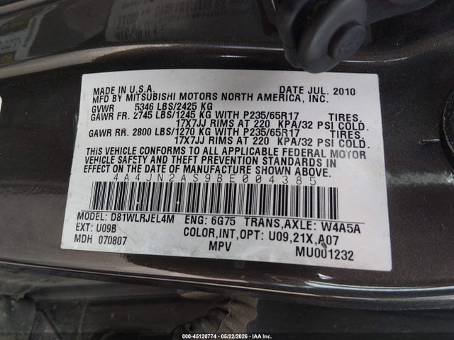 45120774 :رقم المزاد ، 4A4JN2AS9BE004385 vin ، 2011 Mitsubishi Endeavor مزاد بيع