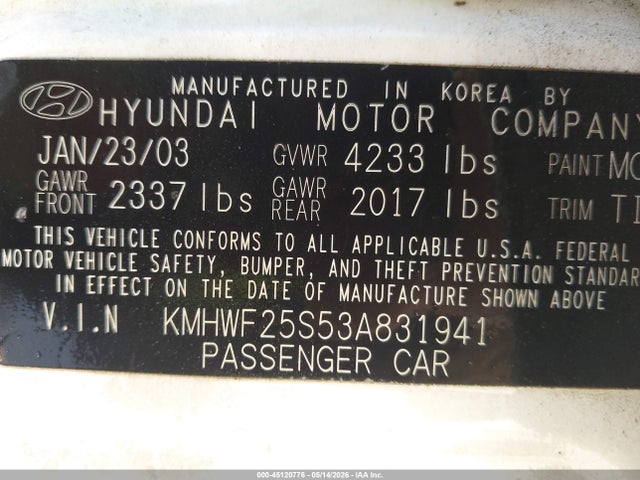 Aukcja sprzedaży 2003 Hyundai Sonata, vin: KMHWF25S53A831941, numer aukcji: 45120776