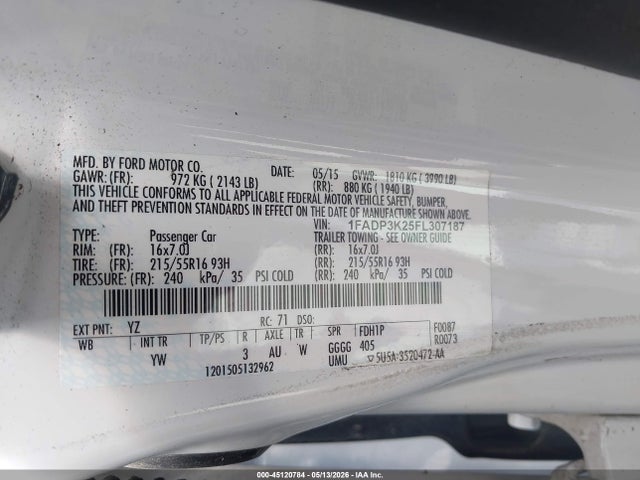 1FADP3K25FL307187 Ford FOCUS SE