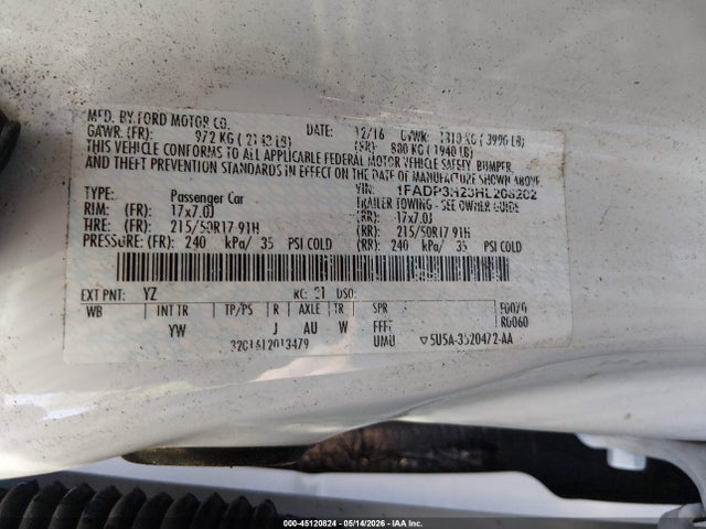 Продажа на аукционе авто 2017 Ford Focus Sel, vin: 1FADP3H23HL208202, номер лота: 45120824