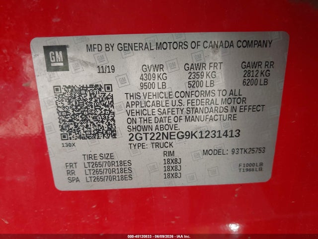 45120833 :رقم المزاد ، 2GT22NEG9K1231413 vin ، 2019 Gmc Sierra 2500hd مزاد بيع