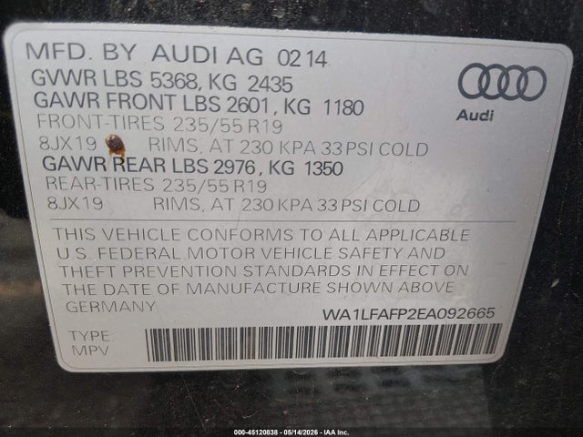 Продажа на аукционе авто 2014 Audi Q5 2.0t Premium, vin: WA1LFAFP2EA092665, номер лота: 45120838