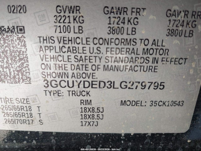 Aukcja sprzedaży 2020 Chevrolet Silverado 1500 4wd  Short Bed Lt, vin: 3GCUYDED3LG279795, numer aukcji: 45120839