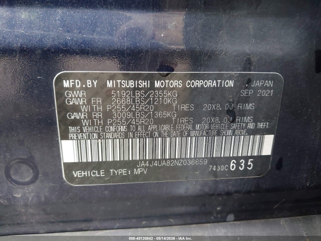 Продаж на аукціоні авто 2022 Mitsubishi Outlander, vin: JA4J4UA82NZ036659, номер лоту: 45120842