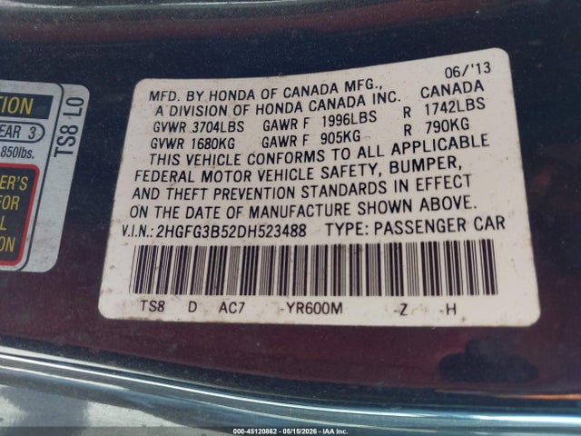 45120862 :رقم المزاد ، 2HGFG3B52DH523488 vin ، 2013 Honda Civic Lx مزاد بيع
