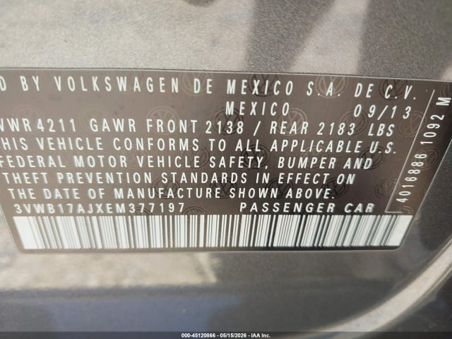 45120866 :رقم المزاد ، 3VWB17AJXEM377197 vin ، 2014 Volkswagen Jetta 1.8t Se مزاد بيع