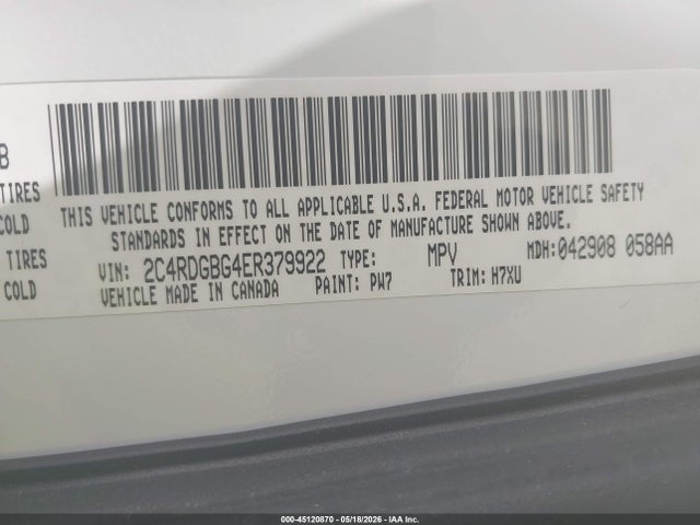 Продажа на аукционе авто 2014 Dodge Grand Caravan Se, vin: 2C4RDGBG4ER379922, номер лота: 45120870