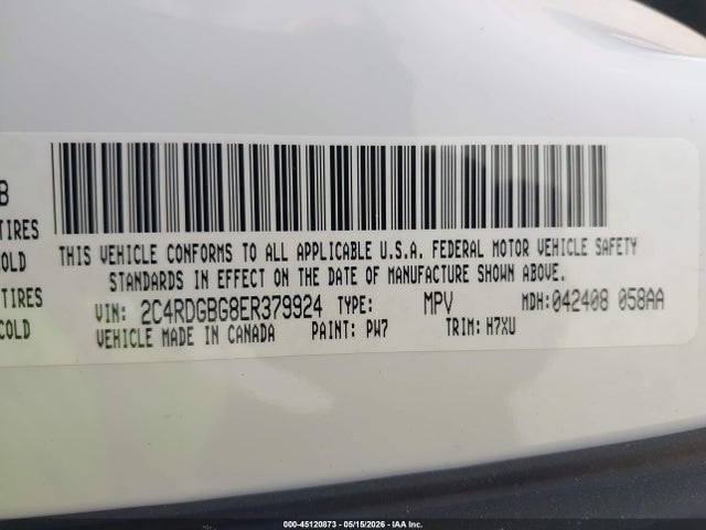 Auction sale of the 2014 Dodge Grand Caravan Se, vin: 2C4RDGBG8ER379924, lot number: 45120873