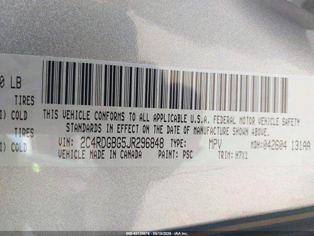 Продажа на аукционе авто 2018 Dodge Grand Caravan Se, vin: 2C4RDGBG5JR296848, номер лота: 45120876