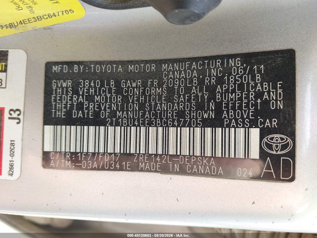 45120883 :رقم المزاد ، 2T1BU4EE3BC647705 vin ، 2011 Toyota Corolla S مزاد بيع