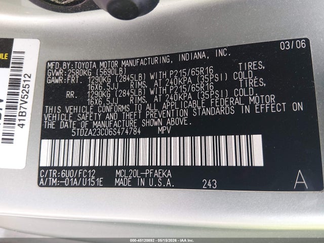 Продаж на аукціоні авто 2006 Toyota Sienna Le, vin: 5TDZA23C06S474784, номер лоту: 45120892