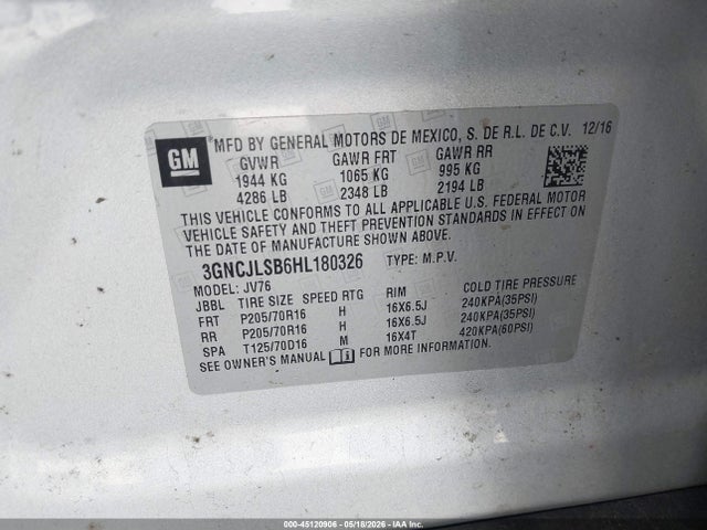 2017 Chevrolet Trax Lt მანქანა იყიდება აუქციონზე, vin: 3GNCJLSB6HL180326, აუქციონის ნომერი: 45120906