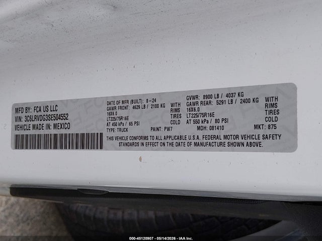 Продаж на аукціоні авто 2025 Ram Promaster 2500 Tradesman High Roof 159 Wb W/pass Seat, vin: 3C6LRVDG3SE504552, номер лоту: 45120907