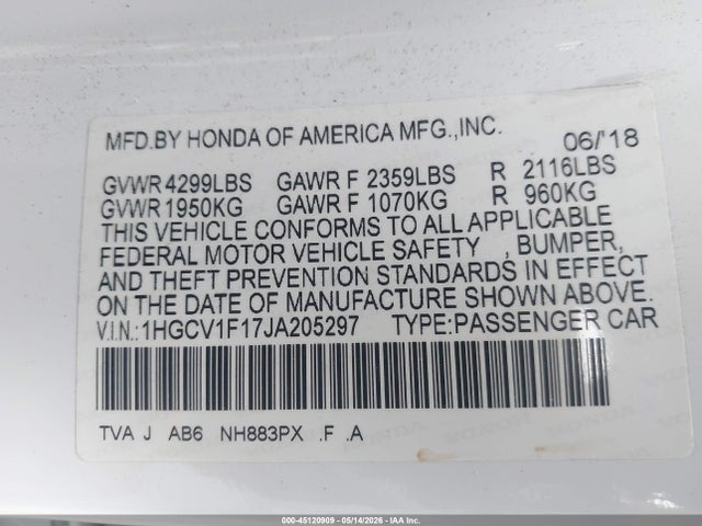 Honda ACCORD LX 2018 1HGCV1F17JA205297 Image 9