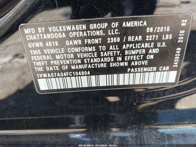 45120914 :رقم المزاد ، 1VWAS7A34FC104804 vin ، 2015 Volkswagen Passat 1.8t Limited Edition مزاد بيع