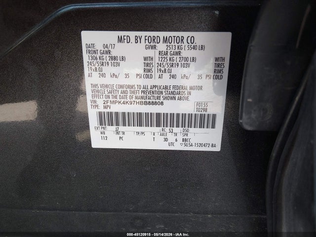 Aukcja sprzedaży 2017 Ford Edge Titanium, vin: 2FMPK4K97HBB88808, numer aukcji: 45120915