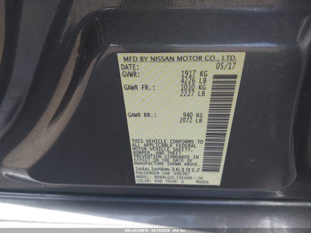 Aukcja sprzedaży 2017 Nissan Altima 2.5 S, vin: 1N4AL3AP8HN361912, numer aukcji: 45120916