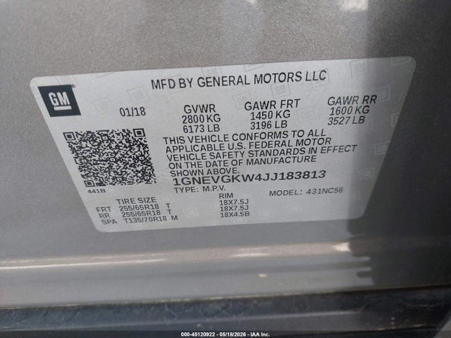 2018 Chevrolet Traverse 1lt მანქანა იყიდება აუქციონზე, vin: 1GNEVGKW4JJ183813, აუქციონის ნომერი: 45120922