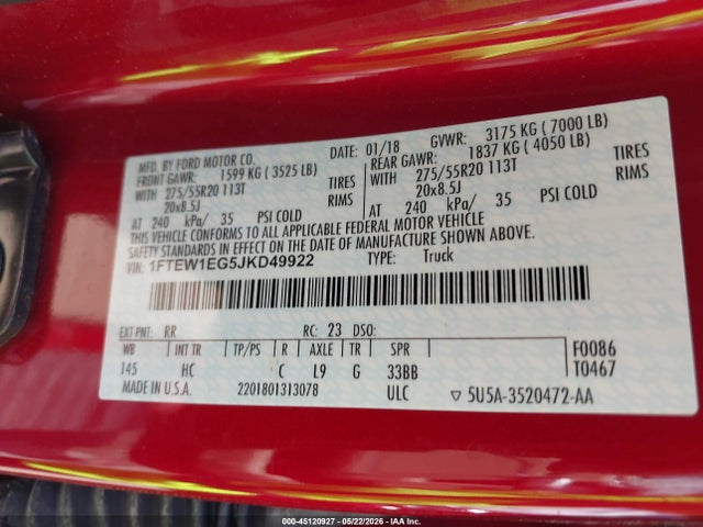 Aukcja sprzedaży 2018 Ford F-150 Lariat, vin: 1FTEW1EG5JKD49922, numer aukcji: 45120927
