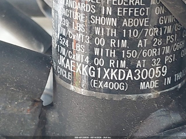 Продажа на аукционе авто 2019 Kawasaki Ex400, vin: JKAEXKG1XKDA30059, номер лота: 45120939