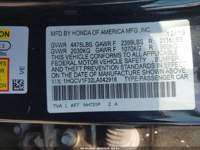 Aukcja sprzedaży 2020 Honda Accord Sport, vin: 1HGCV1F32LA042918, numer aukcji: 45120947