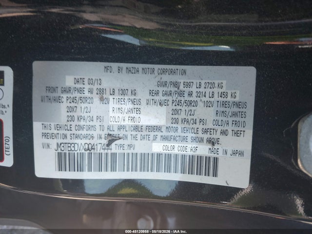 Продаж на аукціоні авто 2013 Mazda Cx-9 Grand Touring, vin: JM3TB3DVXD0417444, номер лоту: 45120958