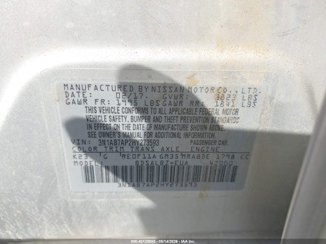 45120985 :رقم المزاد ، 3N1AB7AP2HY273593 vin ، 2017 Nissan Sentra S مزاد بيع