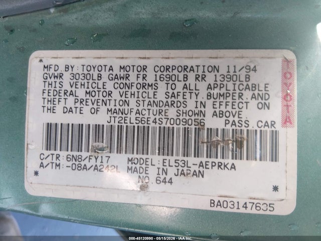 Aukcja sprzedaży 1995 Toyota Tercel Dx, vin: JT2EL56E4S7009056, numer aukcji: 45120990
