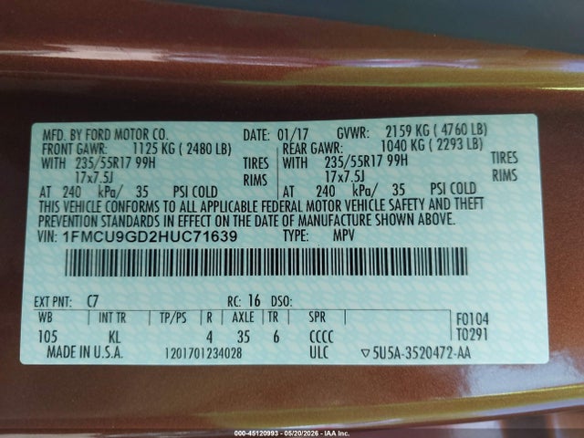 45120993 :رقم المزاد ، 1FMCU9GD2HUC71639 vin ، 2017 Ford Escape Se مزاد بيع