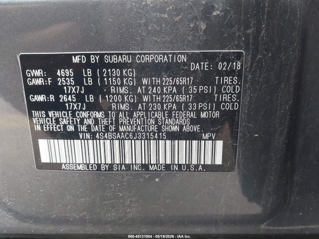 45121004 :رقم المزاد ، 4S4BSAAC6J3315415 vin ، 2018 Subaru Outback 2.5i مزاد بيع