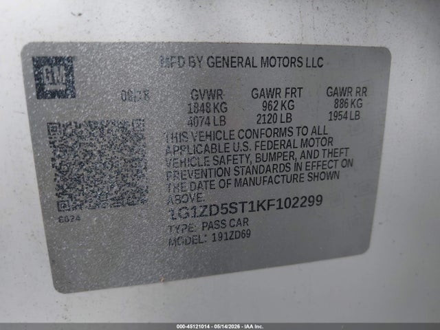 Aukcja sprzedaży 2019 Chevrolet Malibu Lt, vin: 1G1ZD5ST1KF102299, numer aukcji: 45121014