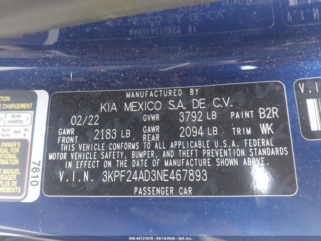 Продаж на аукціоні авто 2022 Kia Forte Lxs, vin: 3KPF24AD3NE467893, номер лоту: 45121019