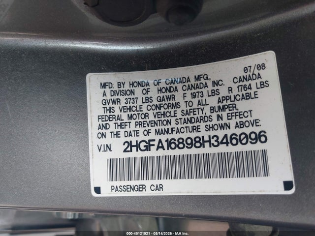 2008 Honda Civic Ex მანქანა იყიდება აუქციონზე, vin: 2HGFA16898H346096, აუქციონის ნომერი: 45121021